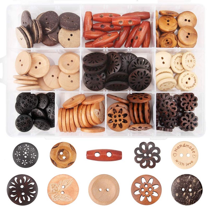 Meifuly Assorted Handmade Buttons, 120Pcs Wooden Buttons Art DIY Craft Supplies with Box - Image 1